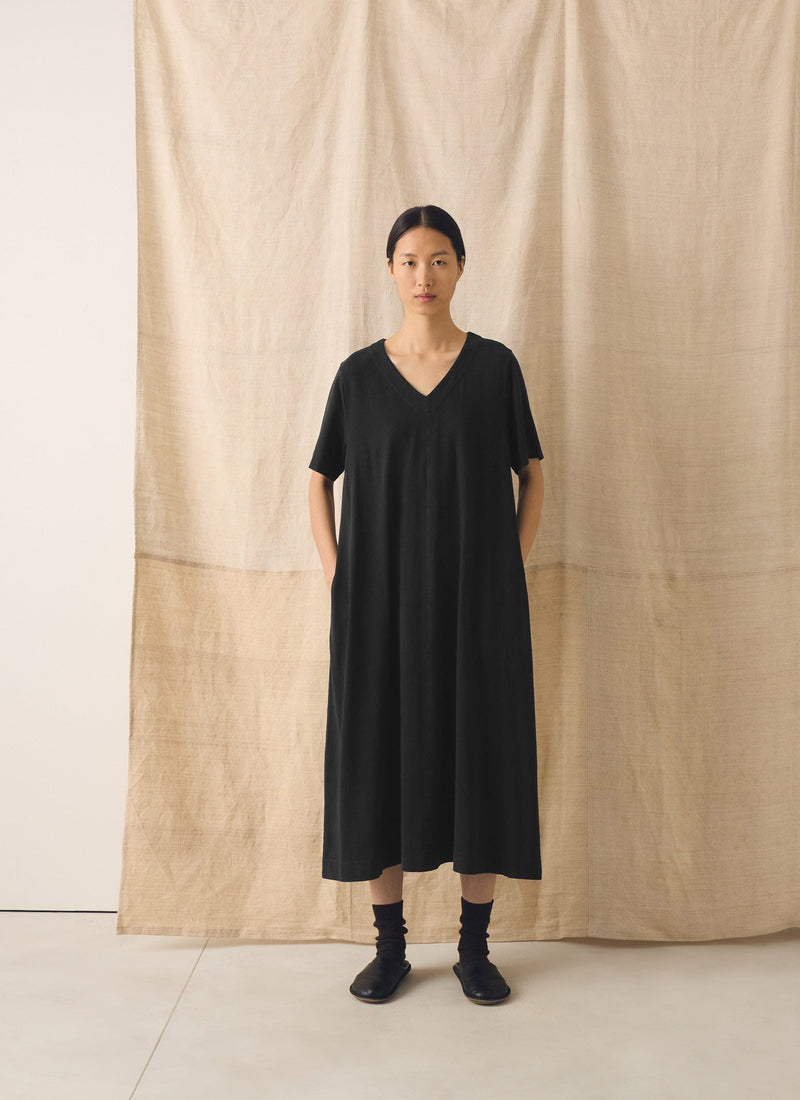 Cotton Jersey V Neck Dress | Washed Black