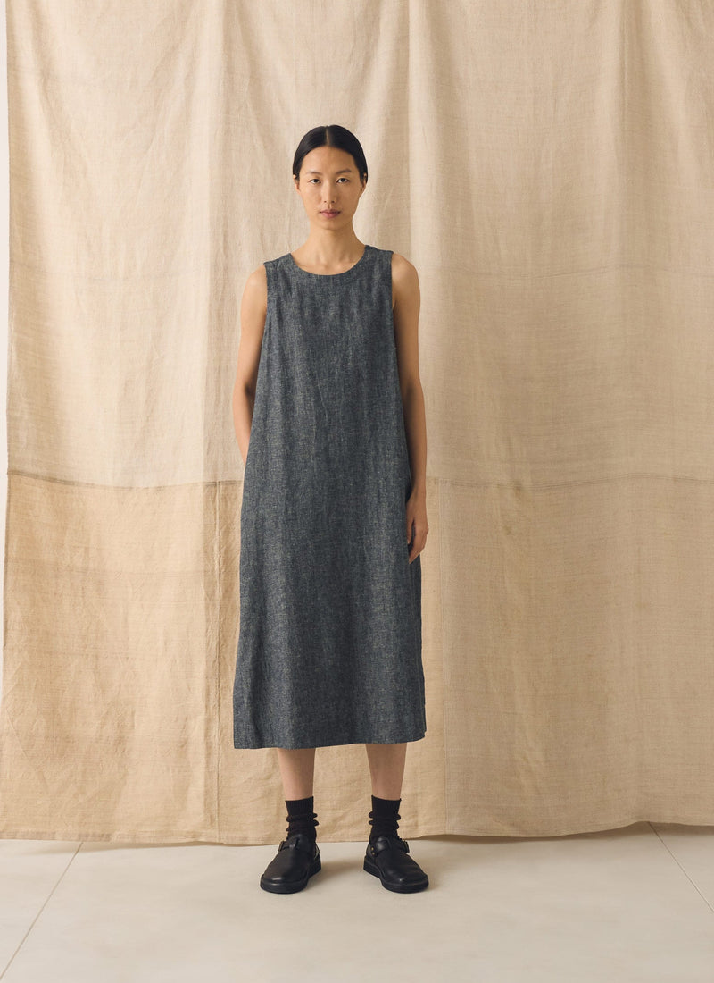Linen Cotton Twill Apron Shift Dress | Navy/Ecru