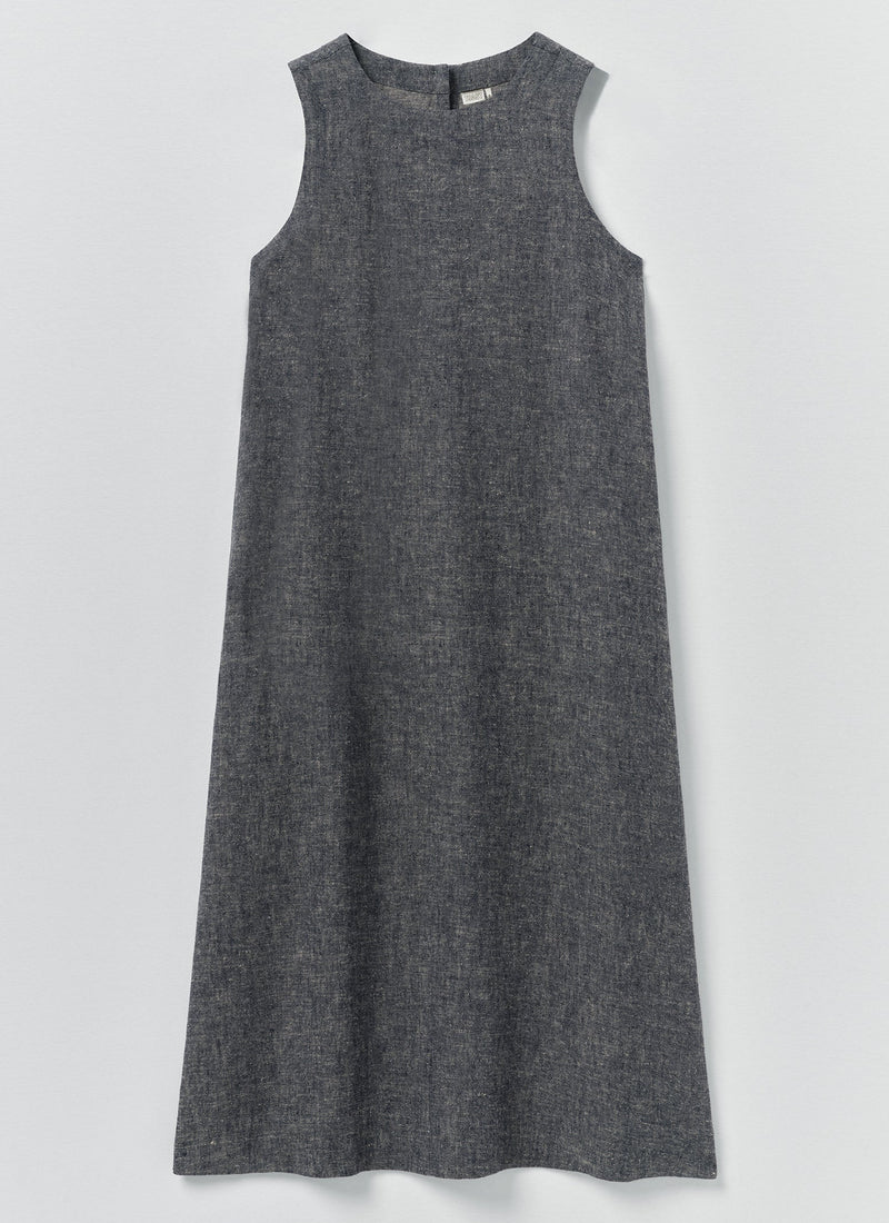 Linen Cotton Twill Apron Shift Dress | Navy/Ecru