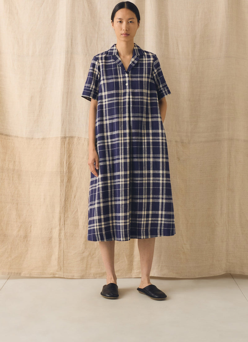 Check Linen Cotton Swing Dress | Blue/Soya