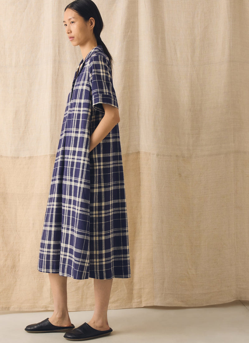 Check Linen Cotton Swing Dress | Blue/Soya