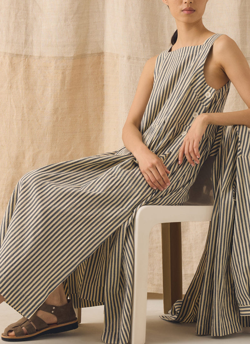 Tablier Stripe Cotton Pinafore Dress | Workshop Blue