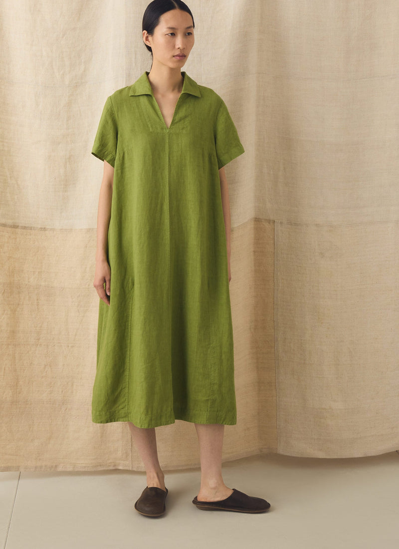 Collared Garment Dyed Linen Dress | Leaf Green