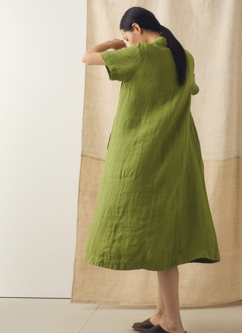 Collared Garment Dyed Linen Dress | Leaf Green