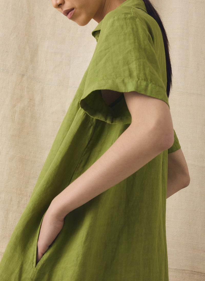Collared Garment Dyed Linen Dress | Leaf Green