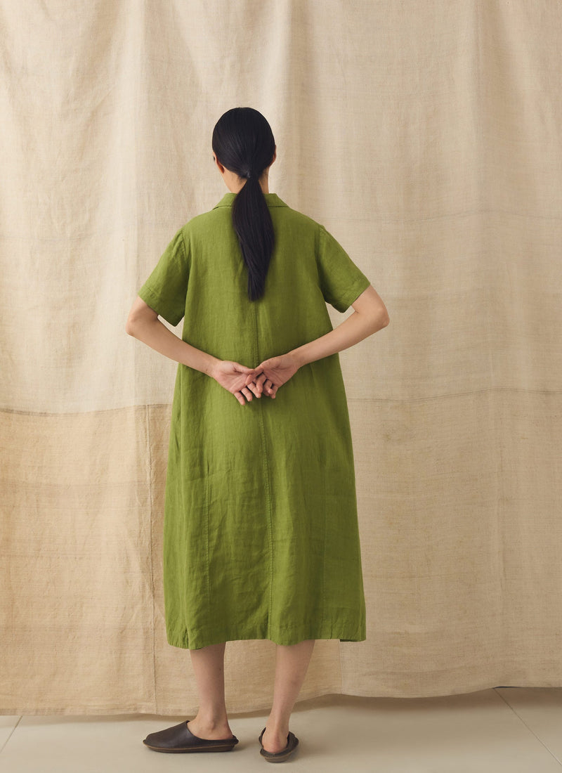 Collared Garment Dyed Linen Dress | Leaf Green