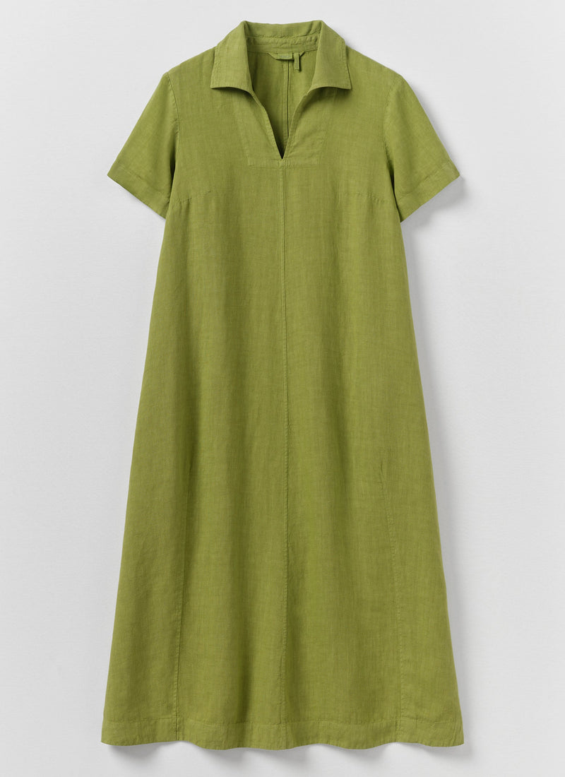 Collared Garment Dyed Linen Dress | Leaf Green