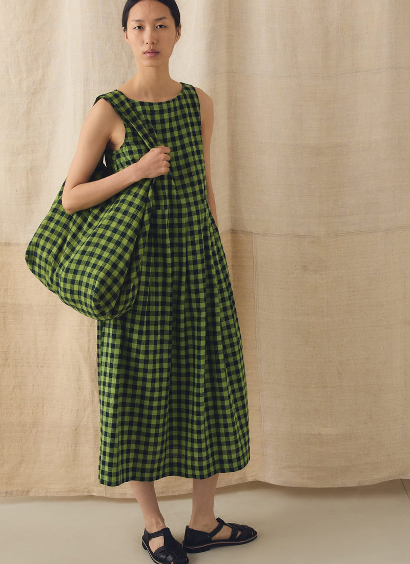 Aila Linen Cotton Gingham Check Dress | Beetle Green