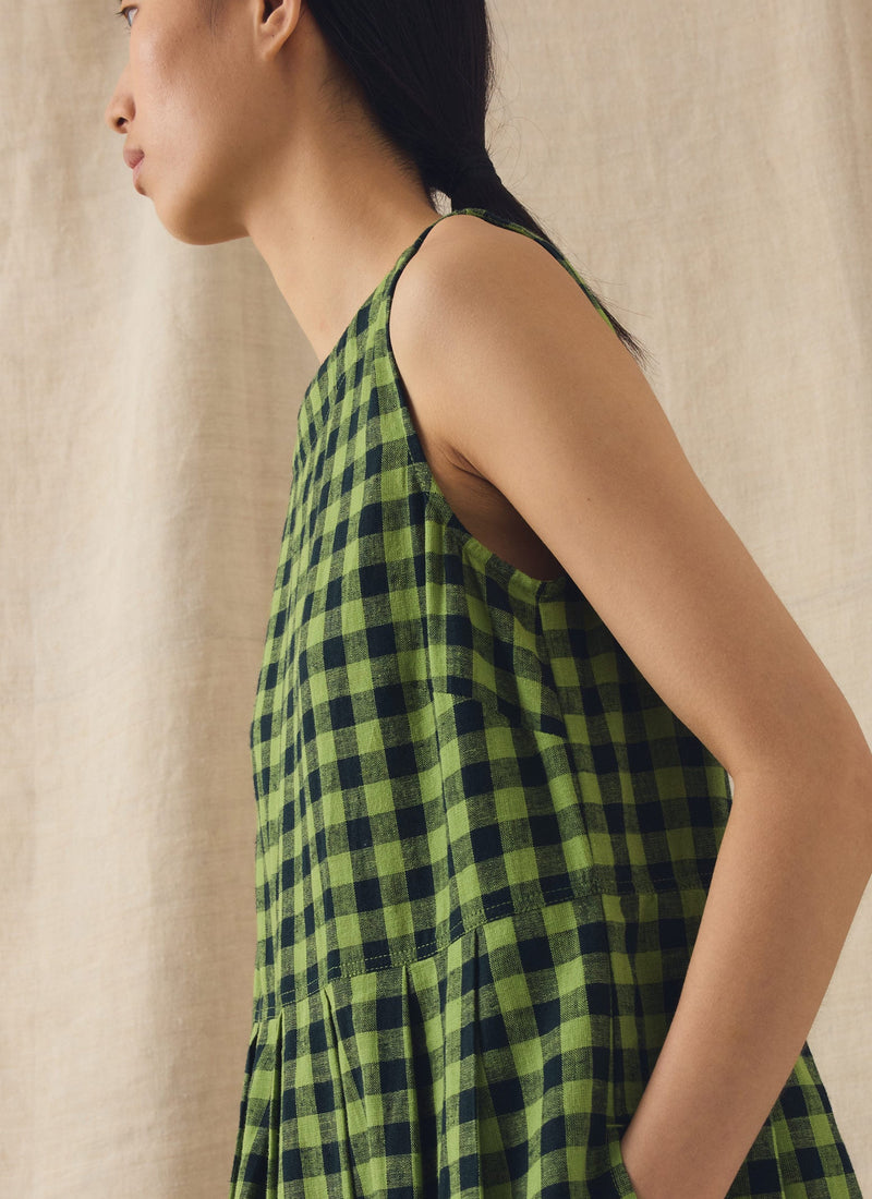 Aila Linen Cotton Gingham Check Dress | Beetle Green