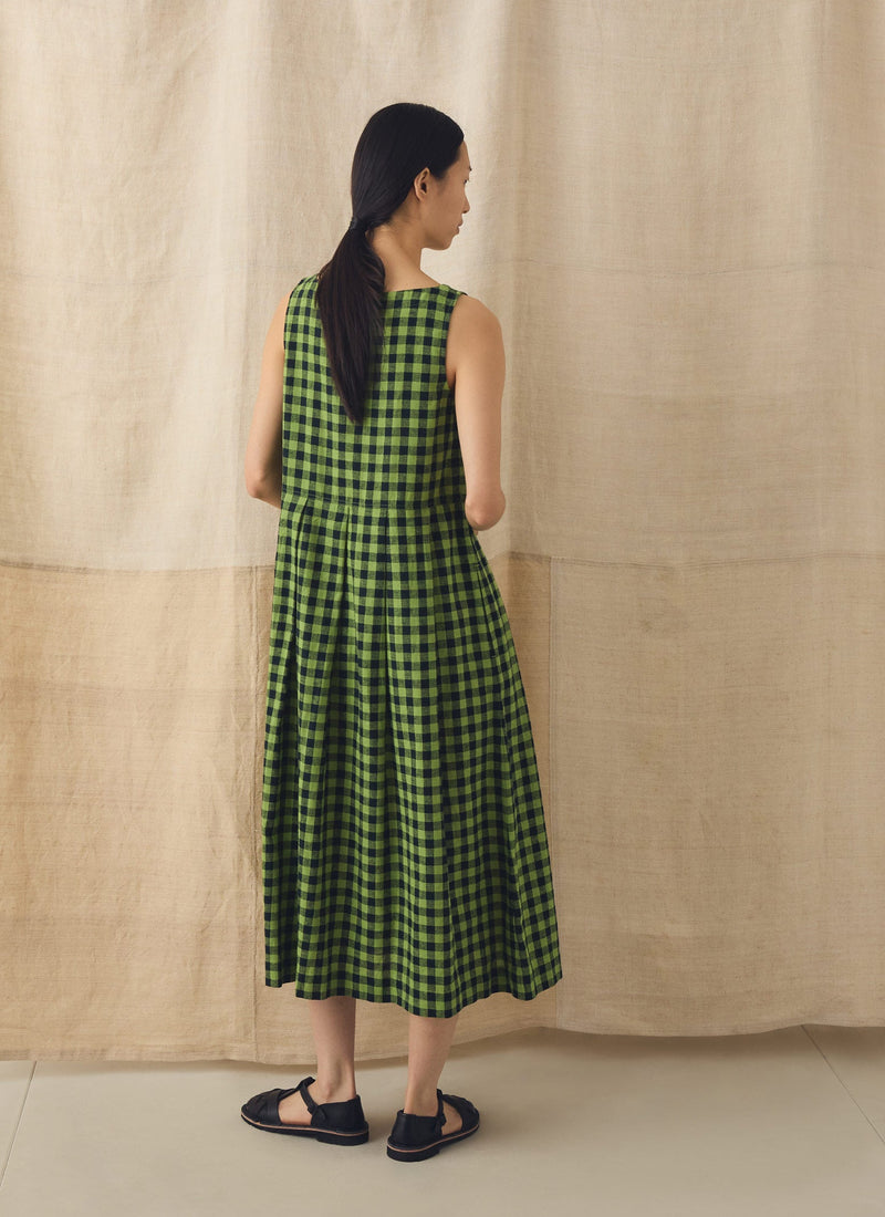 Aila Linen Cotton Gingham Check Dress | Beetle Green