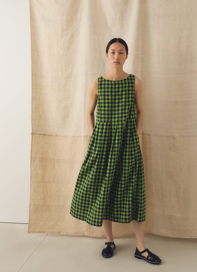 Aila Linen Cotton Gingham Check Dress | Beetle Green