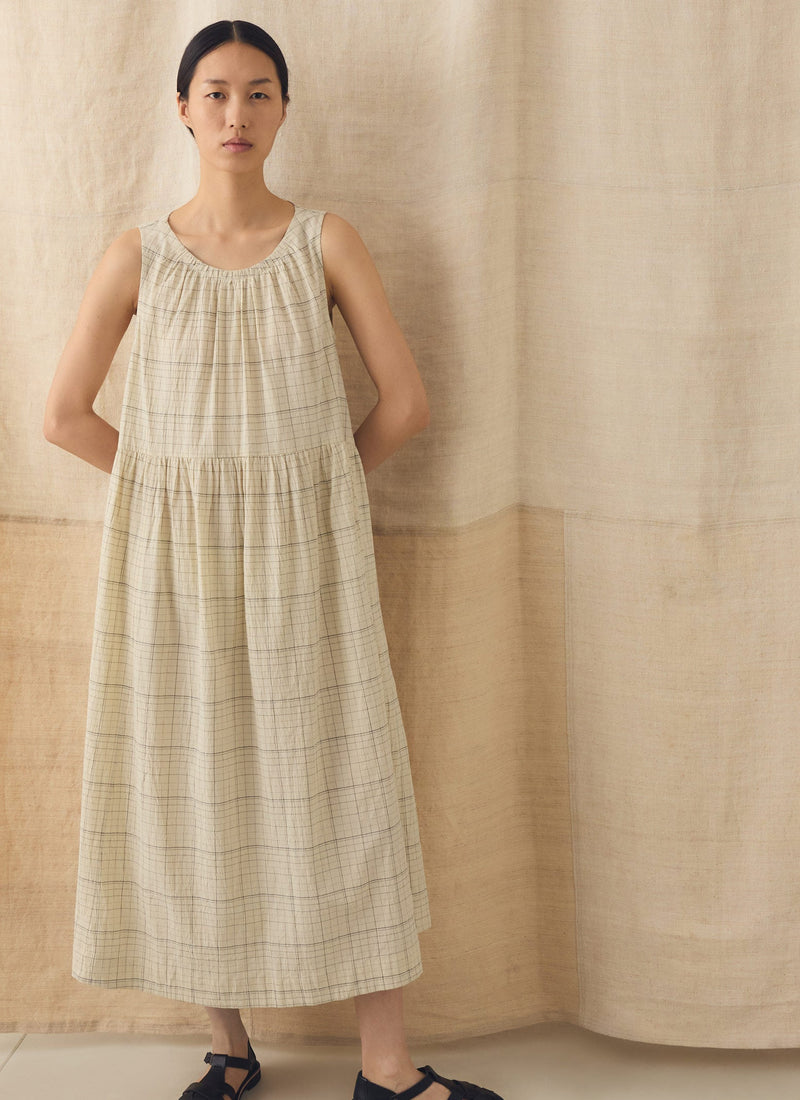 Page Check Cotton Sleeveless Dress | Ecru/Black