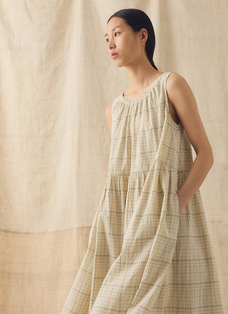 Page Check Cotton Sleeveless Dress | Ecru/Black