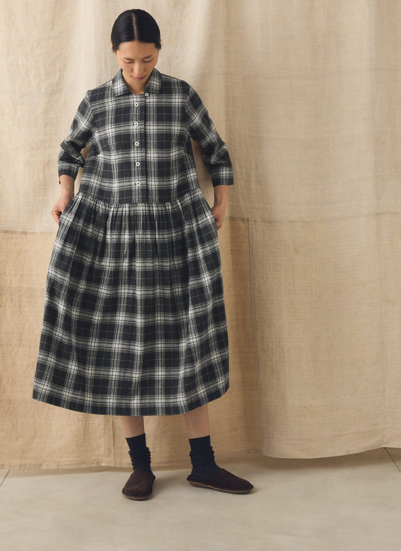 Check Cotton Cashmere Shirt Dress | Charcoal/Ecru