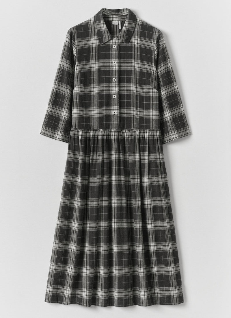 Check Cotton Cashmere Shirt Dress | Charcoal/Ecru