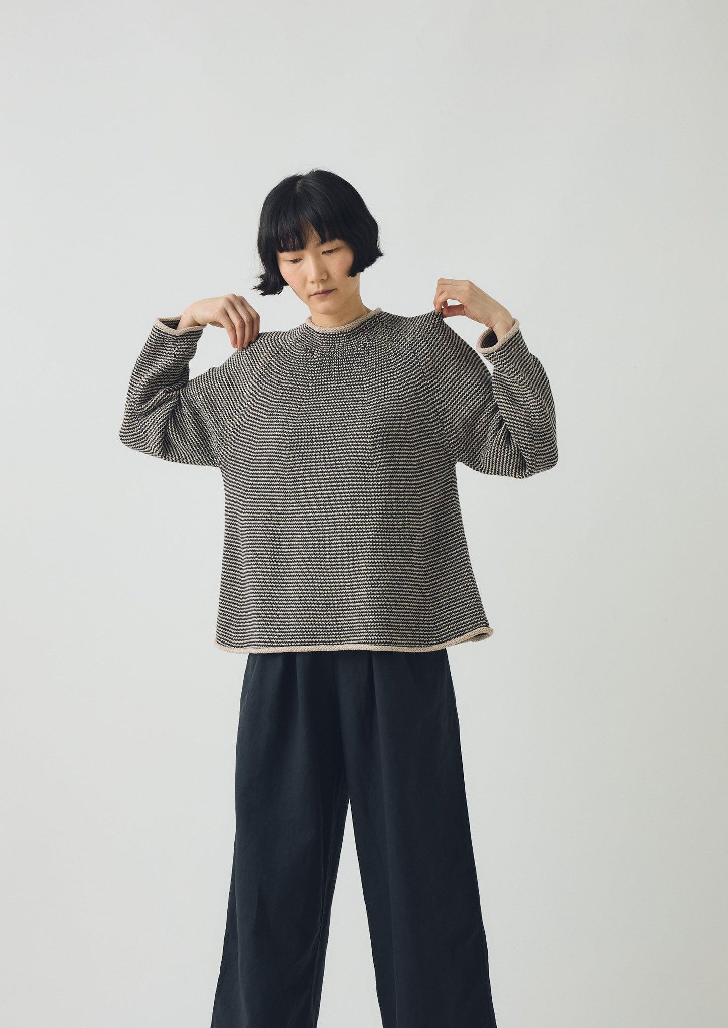 Stripe Linen Cotton Sweater | Navy/Putty