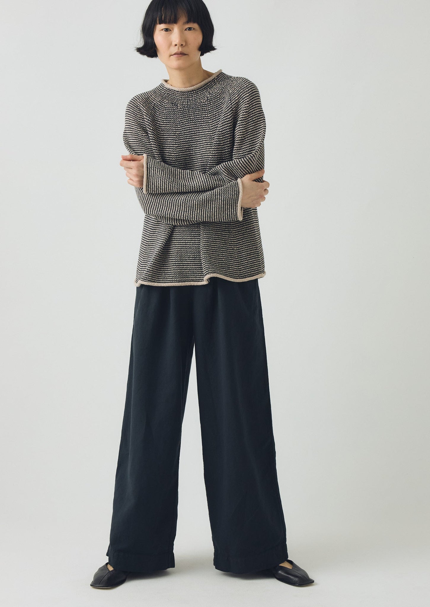 Stripe Linen Cotton Sweater | Navy/Putty