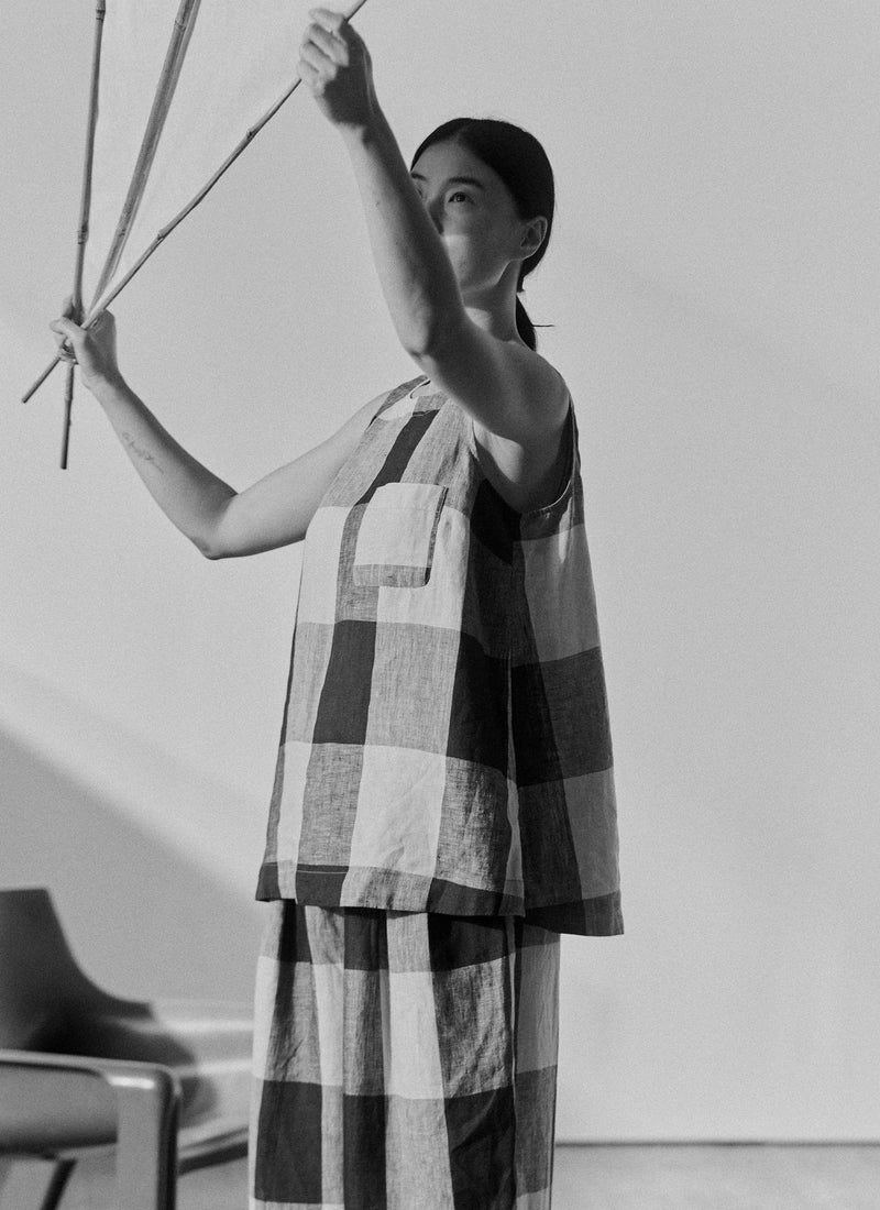 Macro Gingham Lightweight Linen Tank | Ecru/Charcoal