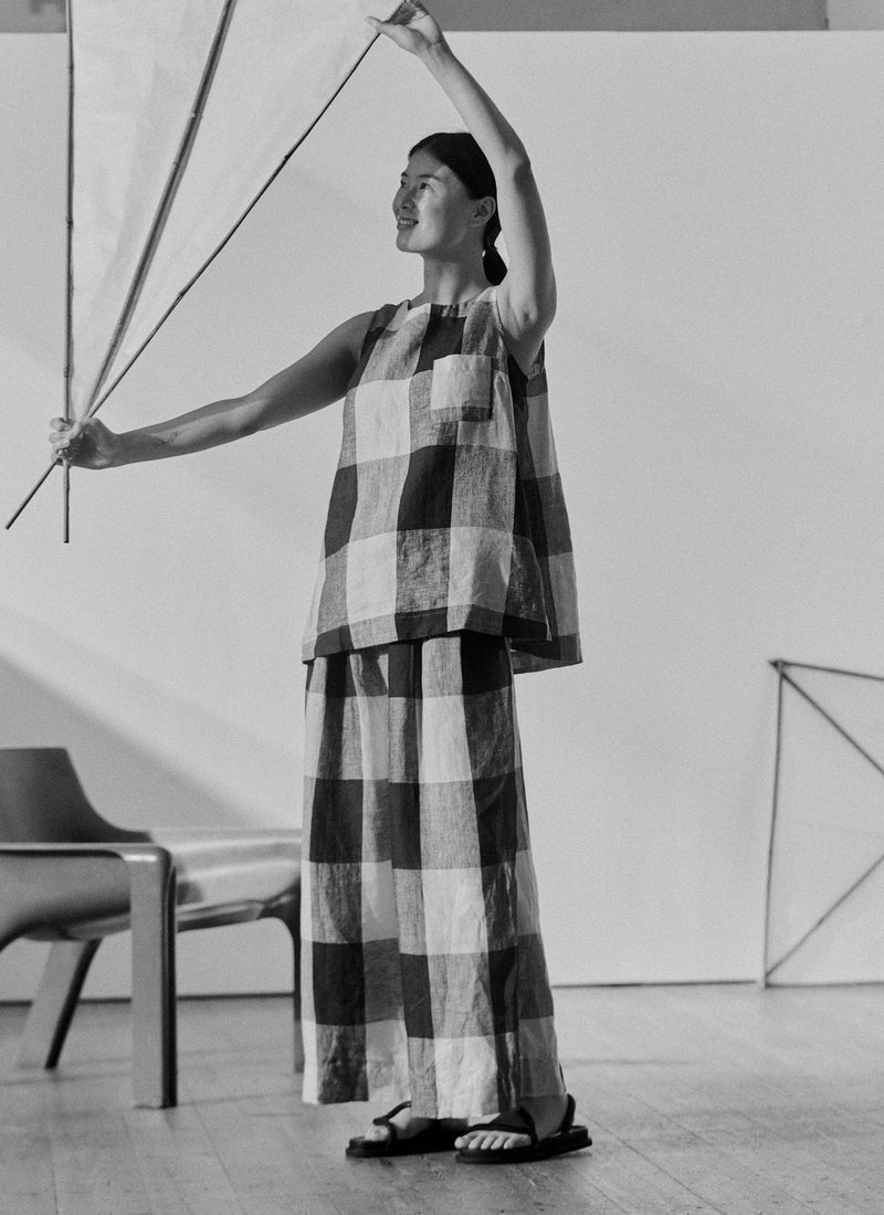 Macro Gingham Lightweight Linen Tank | Ecru/Charcoal