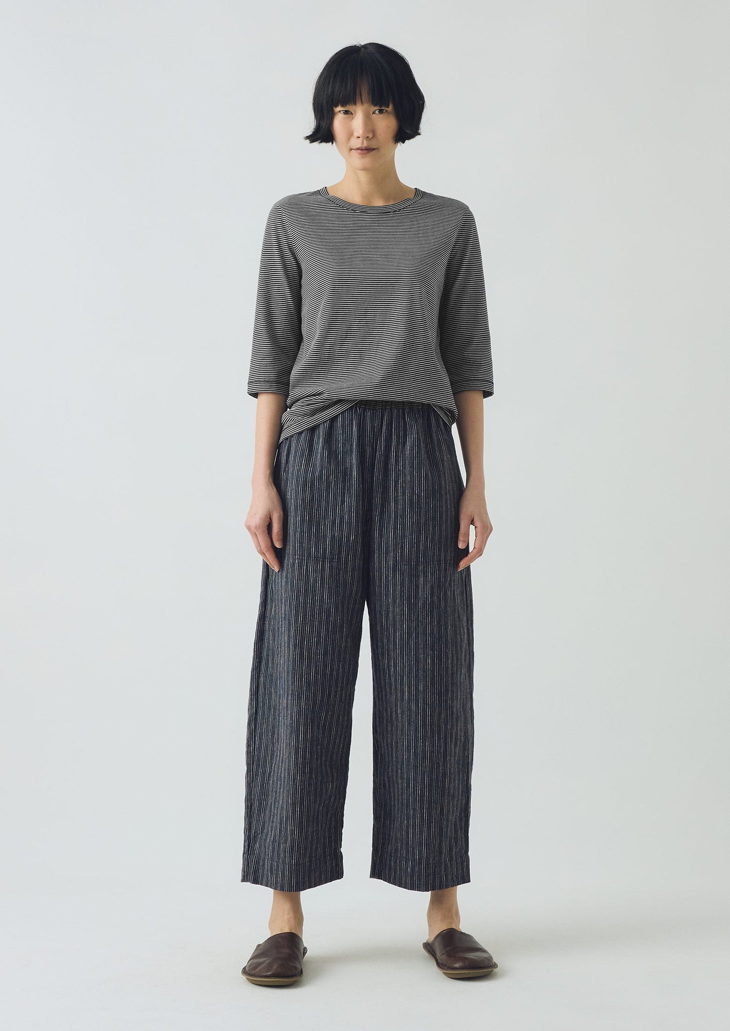 Half Sleeve Stripe Cotton Tee | Dark Navy/Ecru