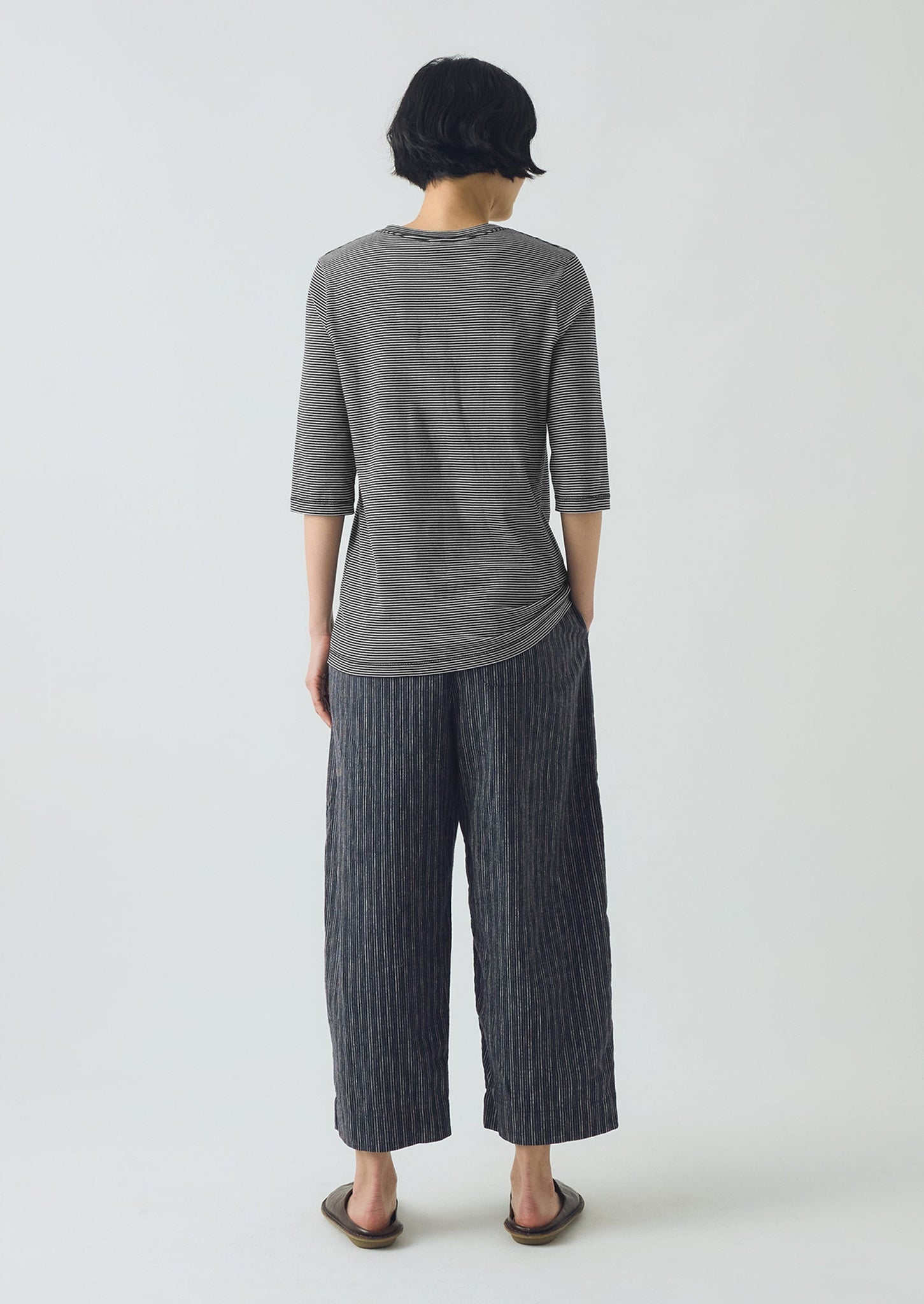 Half Sleeve Stripe Cotton Tee | Dark Navy/Ecru