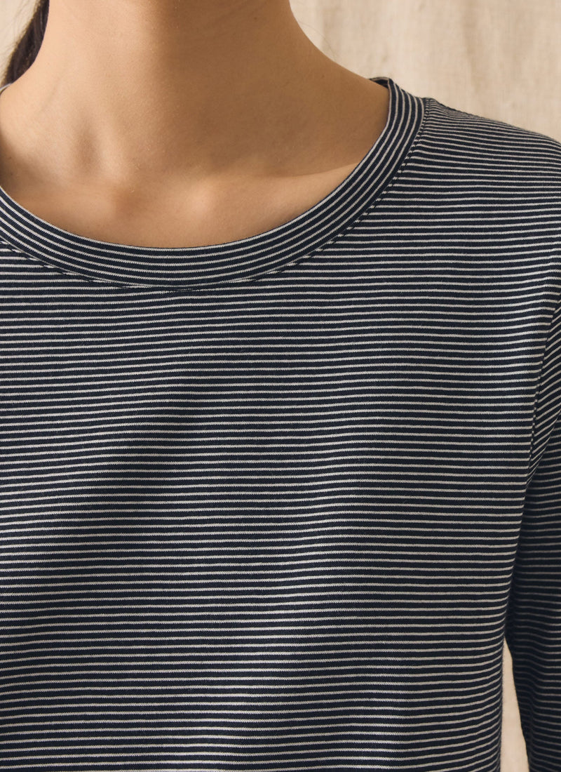 Half Sleeve Stripe Cotton Tee | Dark Navy/Ecru