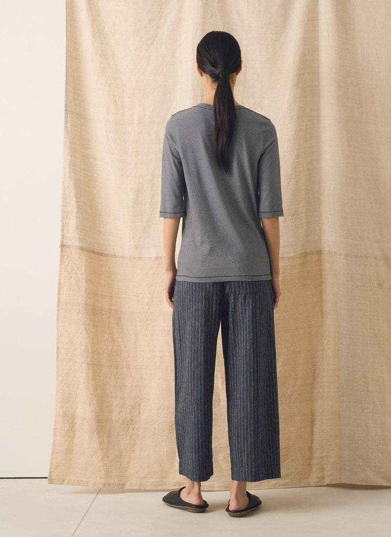 Half Sleeve Stripe Cotton Tee | Dark Navy/Ecru