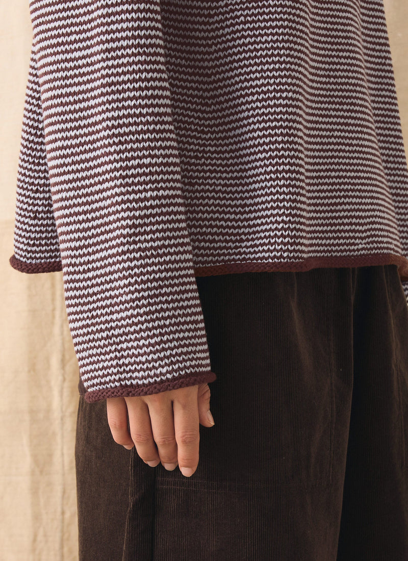 Stripe Linen Cotton Sweater | Brown Ochre/Periwinkle