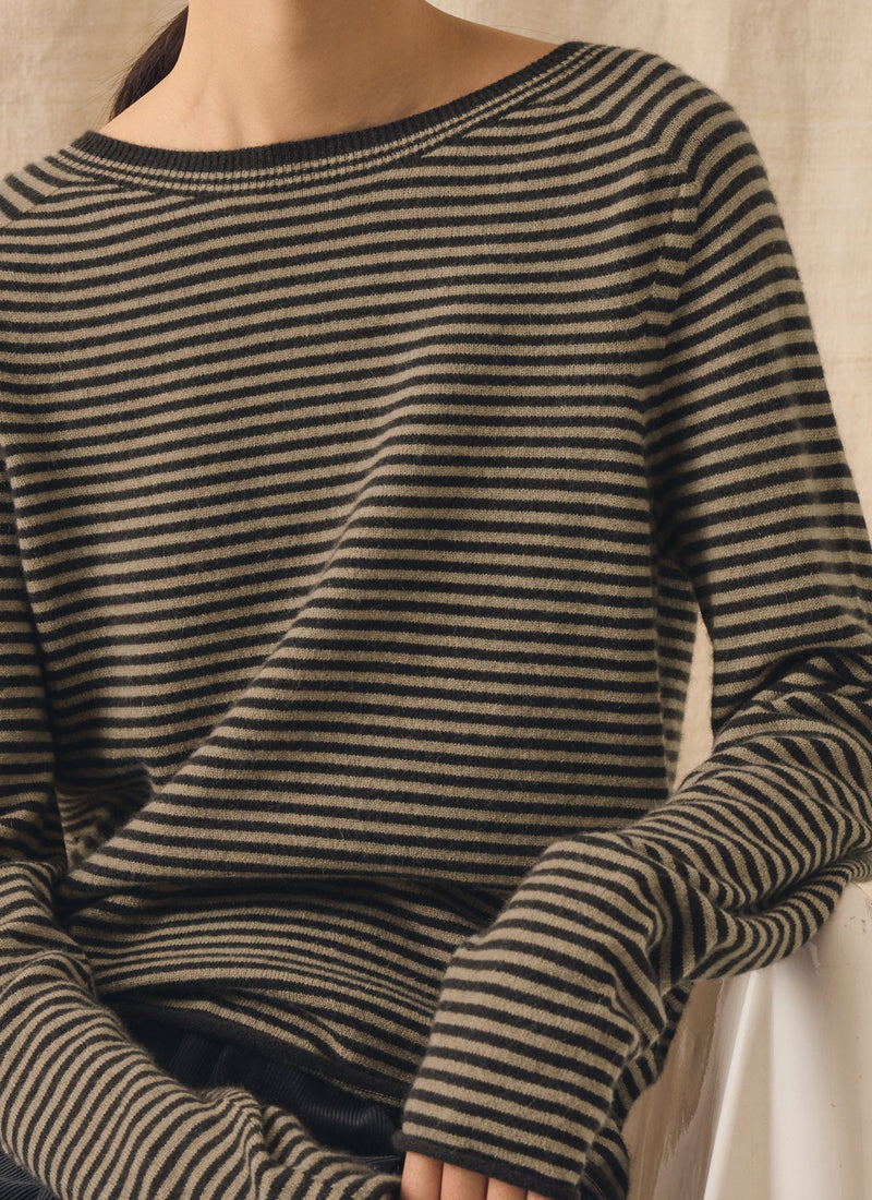 Stripe Wool Cashmere Neat Sweater | Brown Umber/Biscuit