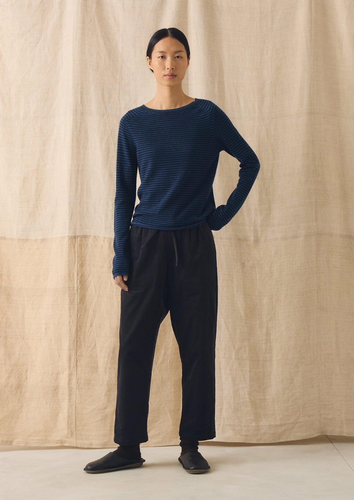 Stripe Wool Cashmere Neat Sweater | Denim Blue/Blue