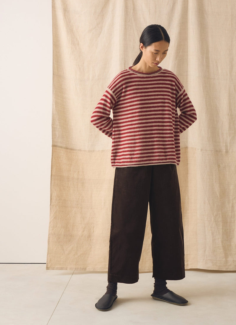 Stripe Lofty Alpaca Wool Sweater | Oatmeal/Red