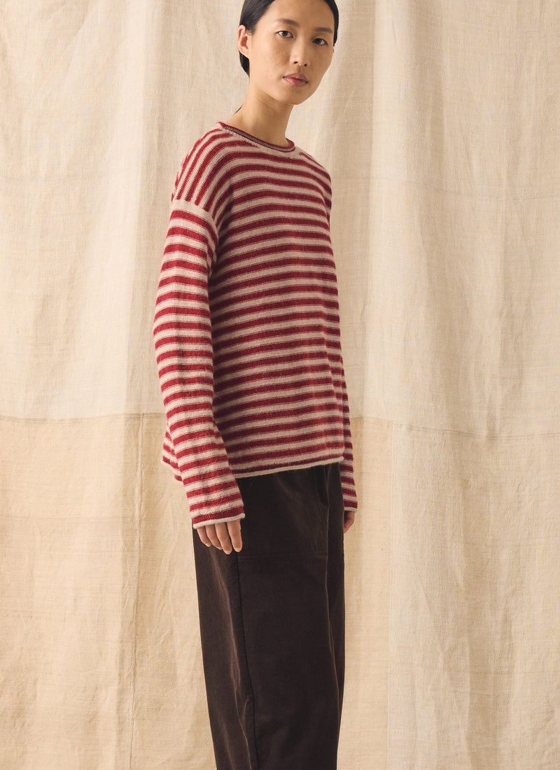 Stripe Lofty Alpaca Wool Sweater | Oatmeal/Red
