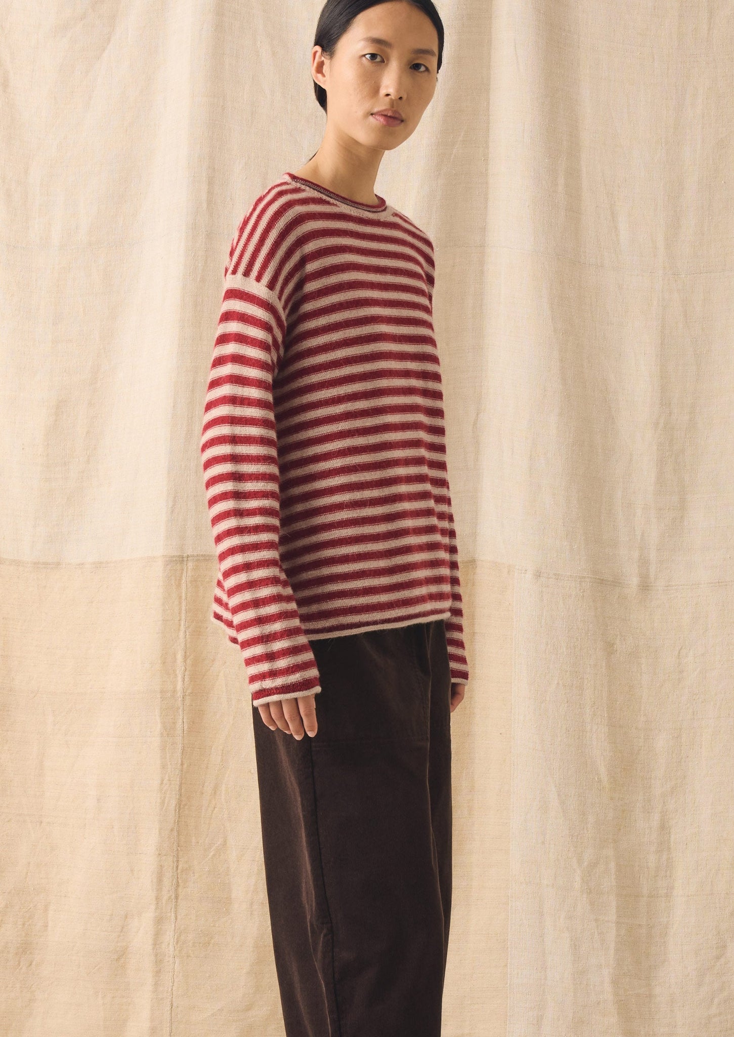 Stripe Alpaca Wool Sweater | Oatmeal/Red
