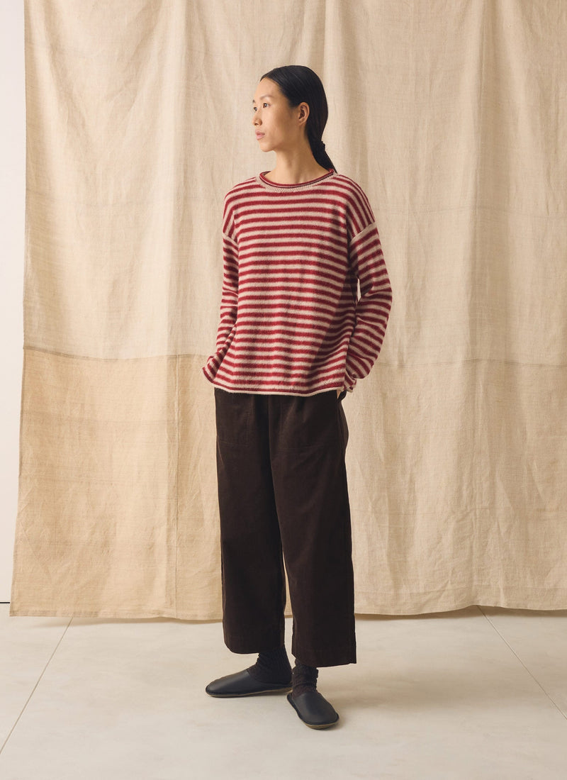 Stripe Lofty Alpaca Wool Sweater | Oatmeal/Red
