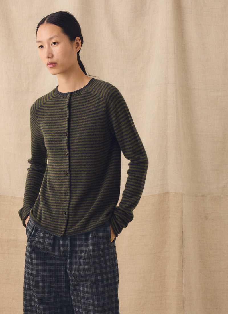 Stripe Wool Cashmere Neat Cardigan | Charcoal/Olive