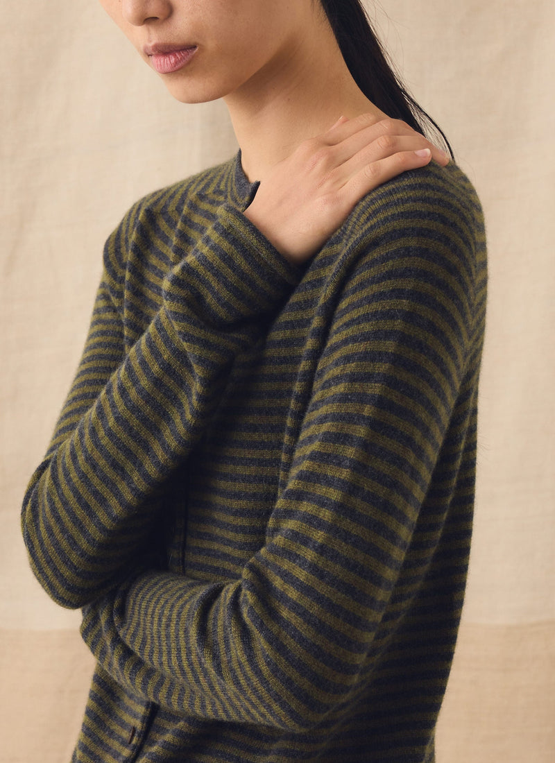 Stripe Wool Cashmere Neat Cardigan | Charcoal/Olive