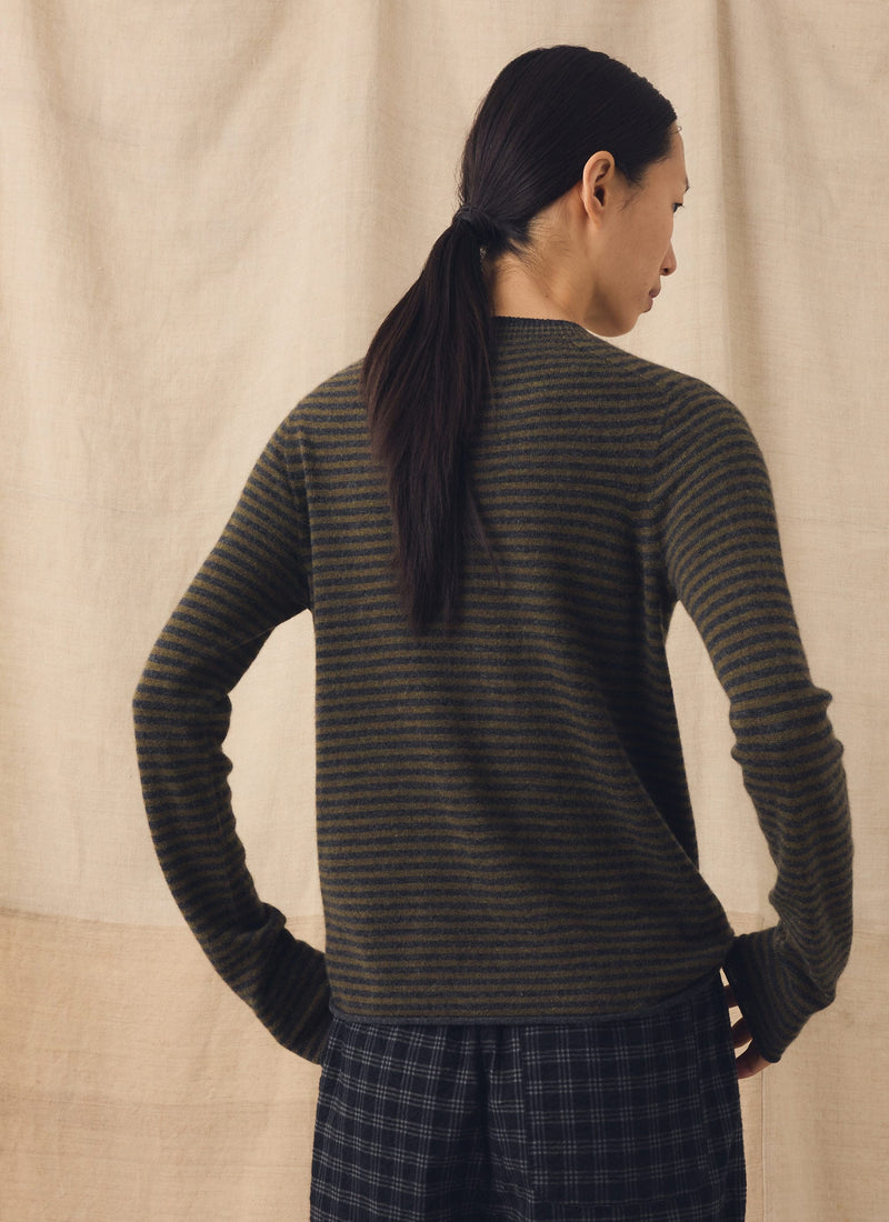 Stripe Wool Cashmere Neat Cardigan | Charcoal/Olive
