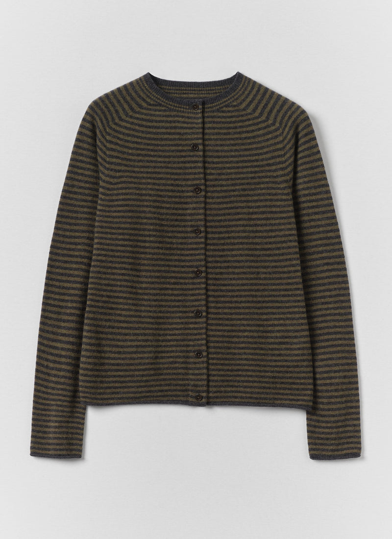 Stripe Wool Cashmere Neat Cardigan | Charcoal/Olive