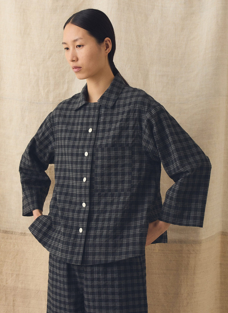 Check Cotton Wool Pyjama Shirt | Dark Charcoal/Black