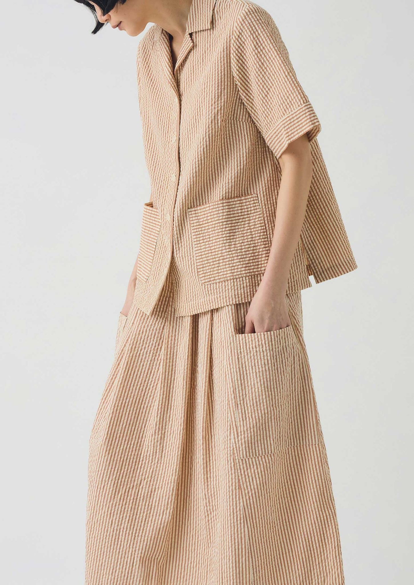Stripe Cotton Seersucker Patch Pocket Skirt | Terracotta/Ecru