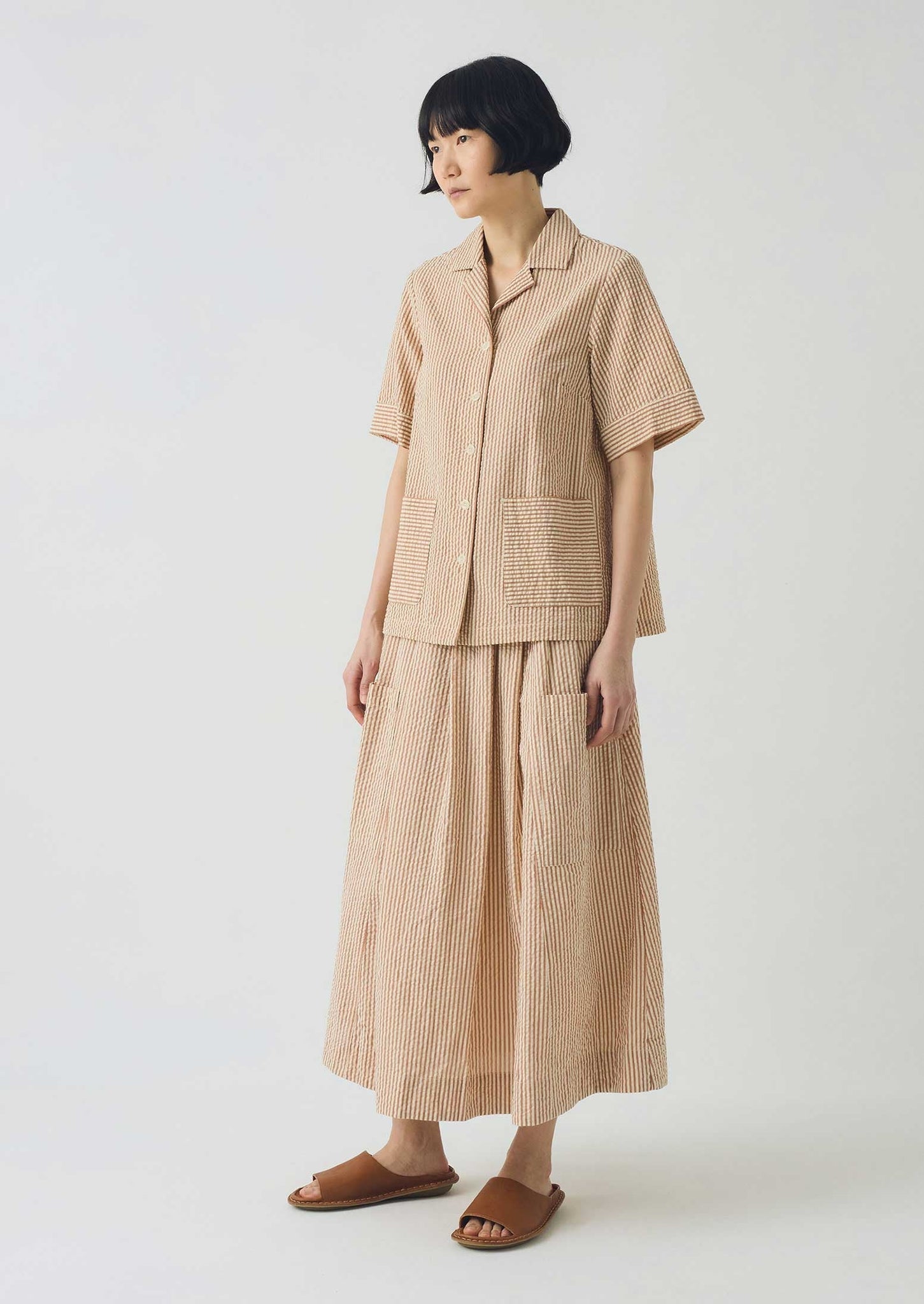 Stripe Cotton Seersucker Patch Pocket Skirt | Terracotta/Ecru