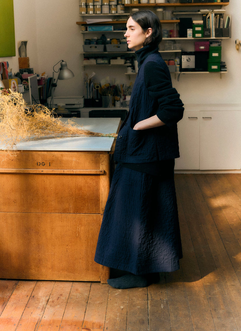 Quilted Cotton Pull On Skirt | Indigo Blue