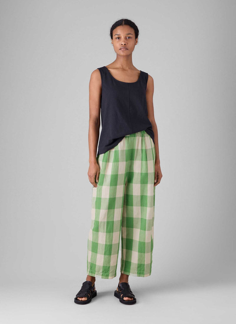 Gingham Linen Cotton Trousers | Lawn Green/Pulp