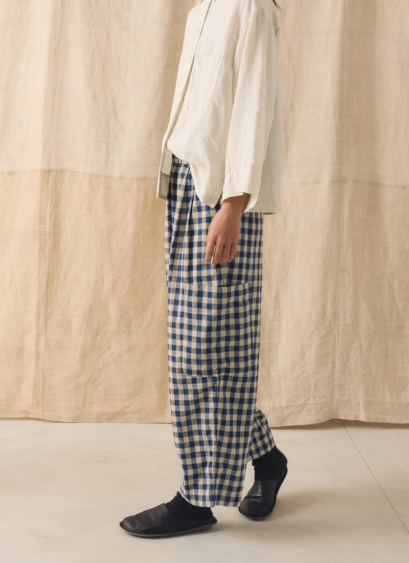 Gingham Linen Cotton Patch Pocket Trousers | Denim Blue