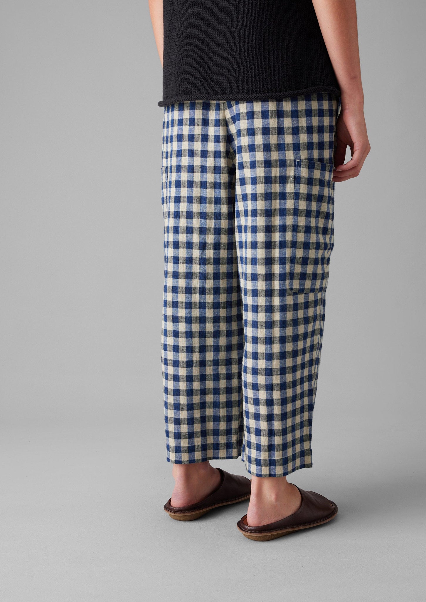 Gingham Linen Cotton Patch Pocket Trousers | Denim Blue