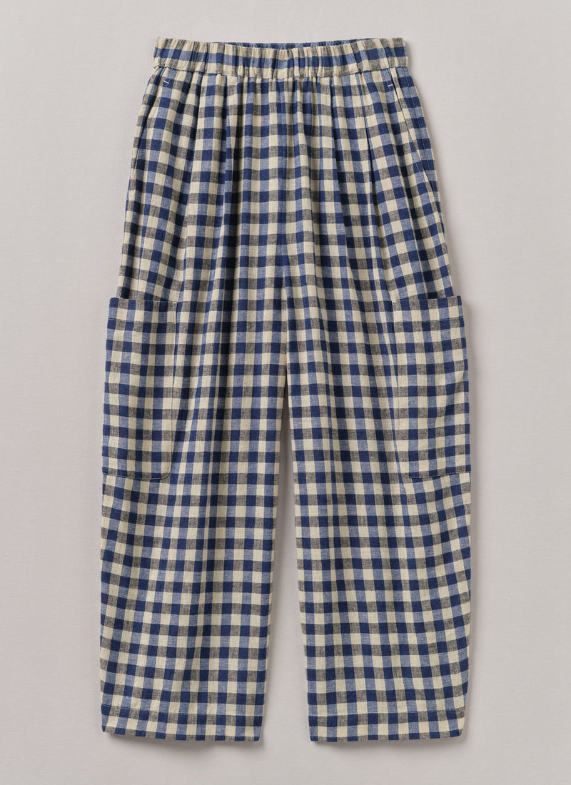 Gingham Linen Cotton Patch Pocket Trousers | Denim Blue