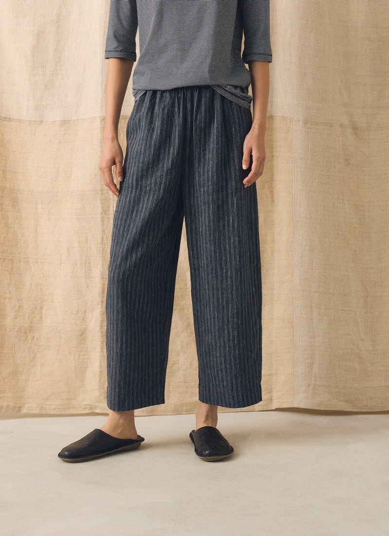 Stripe Linen Cotton Barrel Leg Trousers | Shadow Blue/Black