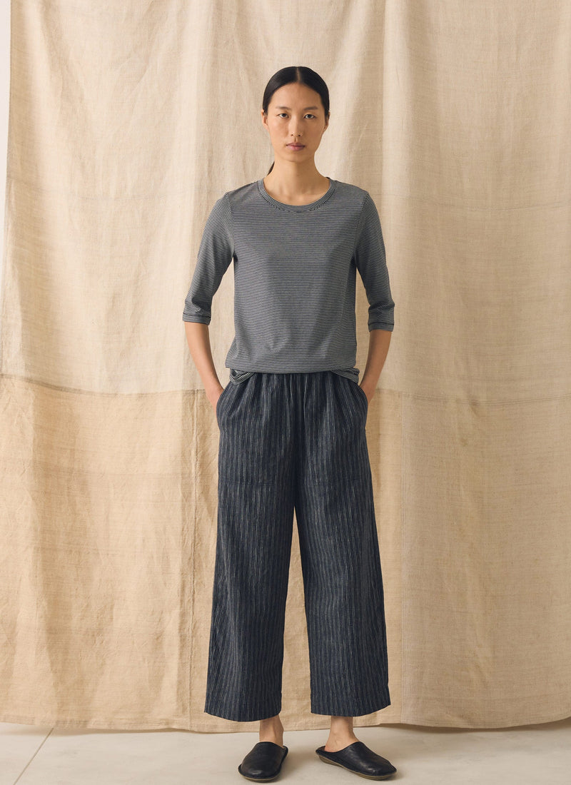 Stripe Linen Cotton Barrel Leg Trousers | Shadow Blue/Black