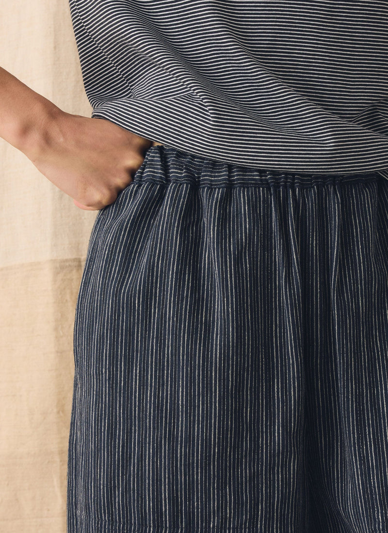 Stripe Linen Cotton Barrel Leg Trousers | Shadow Blue/Black