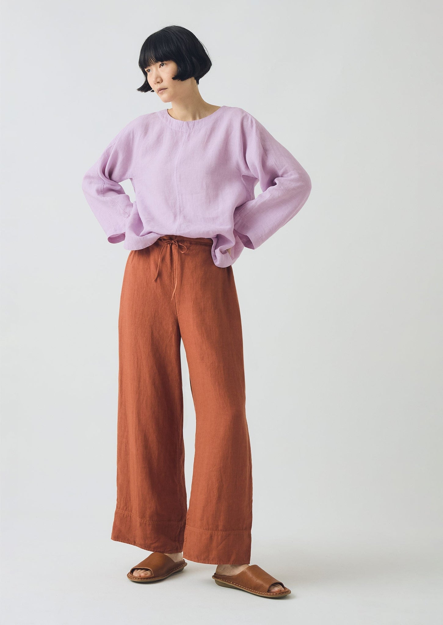 Garment Dyed Linen Wide Trousers | Burnt Sienna